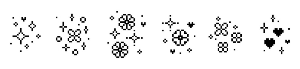 Poster - Set of pixel art icons with flower, heart, star. Y2k sparkles emoji. Mood of 90s aesthetics. 8 bit retro style editable vector illustration. Simple geometric shape. Game abstract elements