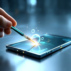 Poster - A Touch of Brilliance: Futuristic Stylus Interacting with Tablet Display in Sleek Blue Tones