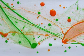 Poster - Vivid abstract painting featuring vibrant green and orange hues creating dynamic splash and drip effects on a clean white canvas showcasing modern artistic expression