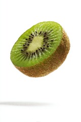 Poster - Half kiwi fruit on white background studio shot showcasing vibrant green flesh and black seeds against a clean backdrop healthy food diet concept