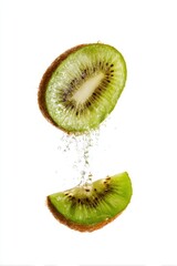 Poster - Sliced kiwi fruit suspended in air with water droplets creating a refreshing and vibrant composition against a clean white background showcasing freshness and natural beauty