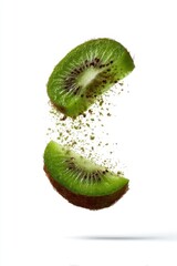 Poster - Sliced kiwi fruit segments floating against a white background showcasing vibrant green pulp and tiny seeds creating a refreshing and natural composition for healthy eating concept