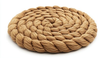 Poster - Braided jute placemat on white background showcasing intricate texture and neutral color palette perfect for rustic or minimalist table setting with natural light