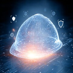 Fototapete - Digital Safety: Futuristic Hard Hat with Security Icons on Circuit Board Background, representing Technological Protection.
