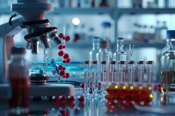 Poster - A close-up view of a laboratory setting showcasing a visualization of genetic engineering, Create a visualization of genetic engineering in a lab setting