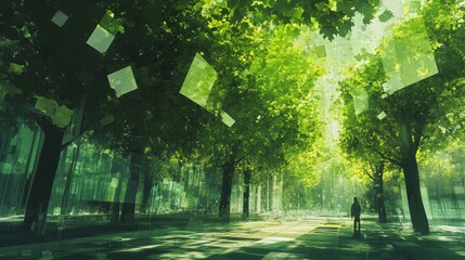 Wall Mural - person walks on path in green forest with floating papers above trees.