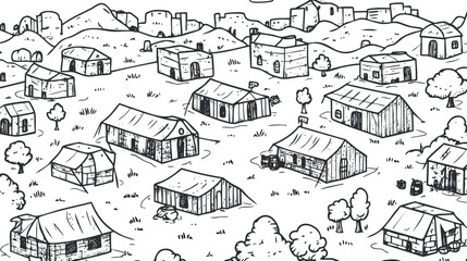  Black and white line drawing of a rural village with multiple houses and huts scattered across grassy hills with trees.