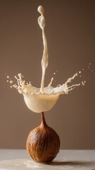 Poster - Coconut milk splash artful composition showcasing a dynamic milk explosion against a serene brown backdrop capturing motion and texture in a harmonious blend
