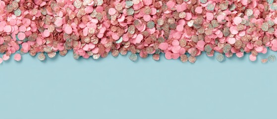 Poster - Festive pink and rose gold glitter confetti on a light blue background creating a joyful celebration mood perfect for party invitations and special occasions