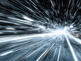 Poster - Abstract light speed travel through space with glowing trails and cosmic dust creating a futuristic and dynamic visual experience in a dark background with a low angle