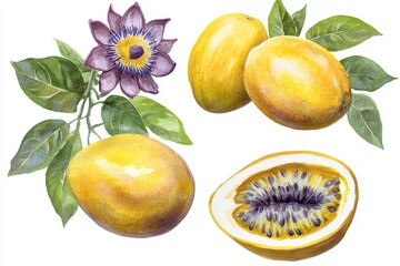 A watercolor botanical illustration of passion fruit, passiflora flower, and leaves is depicted in a tropical hand drawing on a isolated background