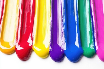 Poster - Vibrant rainbow of acrylic paint strokes on white backdrop creating a colorful and artistic texture with smooth and bold hues in a top down studio shot