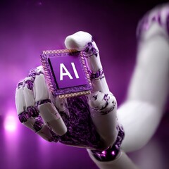 Poster - Robotic Hand Holding AI Chip on Purple Background -  The Future of Artificial Intelligence