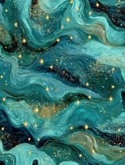 Poster - Elegant teal and gold abstract fluid art with shimmering stars and glitter creating a luxurious and dreamy background with a mesmerizing wavy pattern