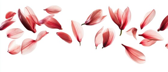 Poster - Delicate magnolia petals falling gracefully against a pristine white background creating a serene and ethereal floral composition with soft light and airy feel