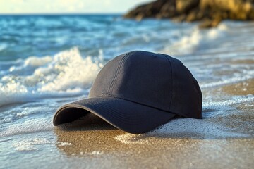 Wall Mural - Dark baseball cap lies on wet sand with ocean waves and rock background. Perfect for travel, vacation, fashion, or even lost and found themed projects.