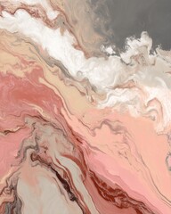 Poster - Abstract art with fluid acrylic paint pouring in coral pink white gray and tan colors creating a marble effect artistic background with organic swirls