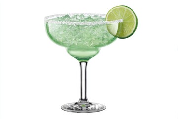 Poster - Refreshing margarita cocktail with lime garnish and salted rim on white background studio shot
