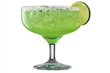 Poster - Refreshing green margarita cocktail with lime garnish and salt rim on white background for summer celebration