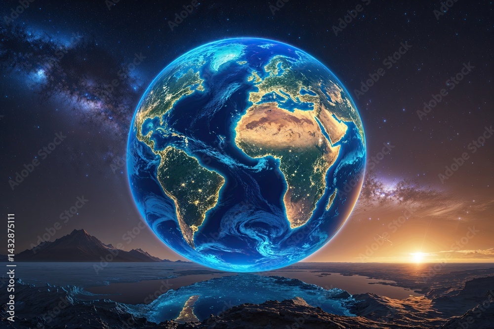 Cobalt Global Unity Illuminated Earth Panorama Connecting Continents ...