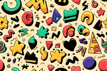 Poster - colorful geometric shapes and playful icons come together to create a lively abstract pattern perfec