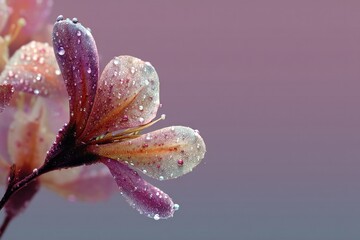 Poster - Soft petals display vibrant colors and glimmering water droplets, creating a tranquil atmosphere in a minimalistic setting