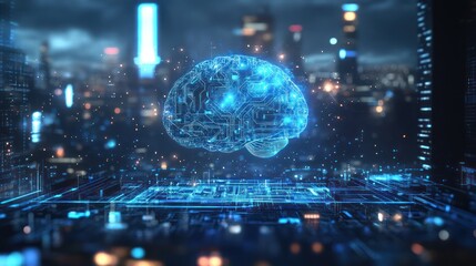 Digital brain over cityscape, concept for AI, technology, and futuristic visualization