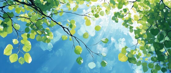 Poster - Serene canopy of green leaves and delicate branches against a vibrant blue sky creating a tranquil and refreshing atmosphere with a painterly style
