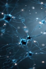 Poster - neural network illustration with synapses and connections in blue tones for medical and scientific r