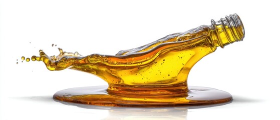 Poster - Golden liquid splash from tilted glass bottle creating dynamic wave on white background studio shot capturing motion and purity for product illustration and advertising