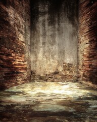 Poster - Ancient Brick Wall Interior with Weathered Texture and Dramatic Lighting Creating a Sense of History and Decay for Architectural Design and Backgrounds