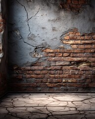 Poster - Dramatic interior scene featuring a weathered brick wall with cracked plaster and a fractured floor creating a moody and textured backdrop for creative projects