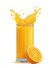 Poster - Refreshing orange juice splash in glass with half orange slice on white background studio shot vibrant and invigorating beverage healthy lifestyle close up view
