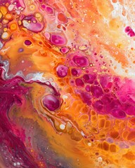 Poster - Vibrant abstract acrylic pour painting showcasing dynamic interplay of orange pink and white hues creating a mesmerizing organic texture with fluid movement