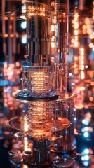 Poster - futuristic metallic machine with glowing orange and blue lights, complex internal mechanisms.
