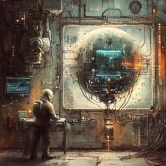 Poster - Astronaut monitoring futuristic spherical technology in a worn control room.