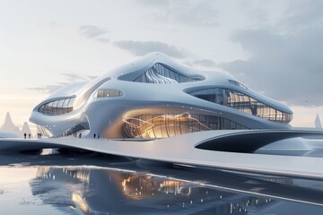 Poster - a rendering of a futuristic building with smooth, curved lines and large windows, a futuristic build