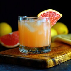 Poster - Refreshing grapefruit cocktail with ice cubes on a wooden board against a dark background offering a vibrant and inviting visual for summer relaxation and enjoyment