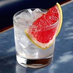 Poster - Refreshing grapefruit cocktail with ice cubes in a glass on a blue marble table top view elegant and vibrant color palette perfect for summer drink promotion