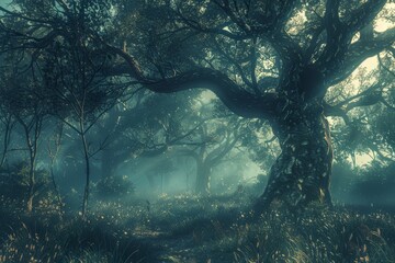 Aufkleber - A misty morning scene in a peaceful forest with a large, gnarled tree standing tall, A misty morning in a tranquil forest filled with ancient trees