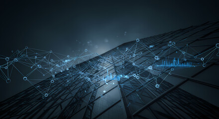 Poster - Futuristic Cityscape Data Network Visualization on Modern Building