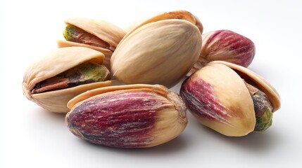 Poster - Captivating close up of fresh pistachios on a clean white background showcasing vibrant colors and textures highlighting the natural beauty of healthy snack food