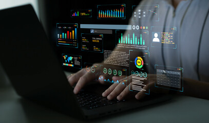 Leinwandbilder - Management data System KPI connected in database for follow earnings,operations and sales data. Businessman using KPI dashboard.Financial business data analytics graph dash