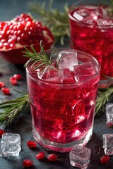 Poster - Refreshing pomegranate cocktail with ice cubes and rosemary sprig a vibrant red drink perfect for summer with a cool and inviting mood on a dark background