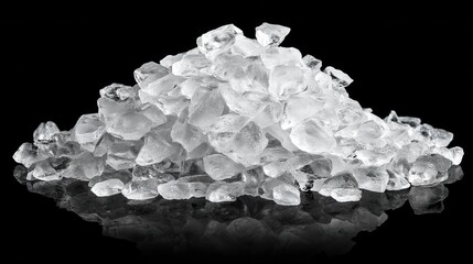 Poster - Pile of crushed ice on a reflective black surface creating a cool and refreshing visual, perfect for beverage or summer themed designs, studio shot, clear and crisp