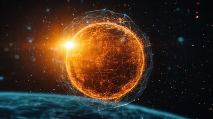 Poster - Fiery digital planet, space background, network connections