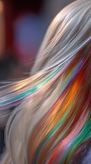Poster - Blonde hair with vibrant rainbow highlights cascading in a flowing pattern creating a modern and artistic style showcasing beauty and color with a blurred background