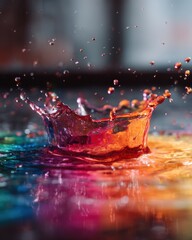 Poster - Captivating splash of vibrant liquid in mid air creating a crown shape with a mesmerizing reflection on a glossy surface showcasing dynamic motion and abstract beauty