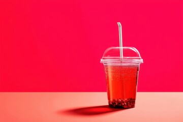 Poster - Refreshing red pomegranate boba drink in a plastic cup with straw on a red background studio shot healthy beverage vibrant color minimal style clean aesthetic
