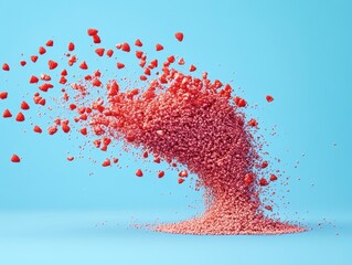 Poster - abstract explosion of red particles on a light blue background creating a dynamic and visually strik